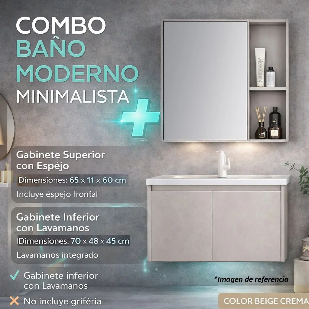 Combo Gabinete De Baño Moderno Con Espejo Y Lavamanos – Set Completo Color Beige Crema 1