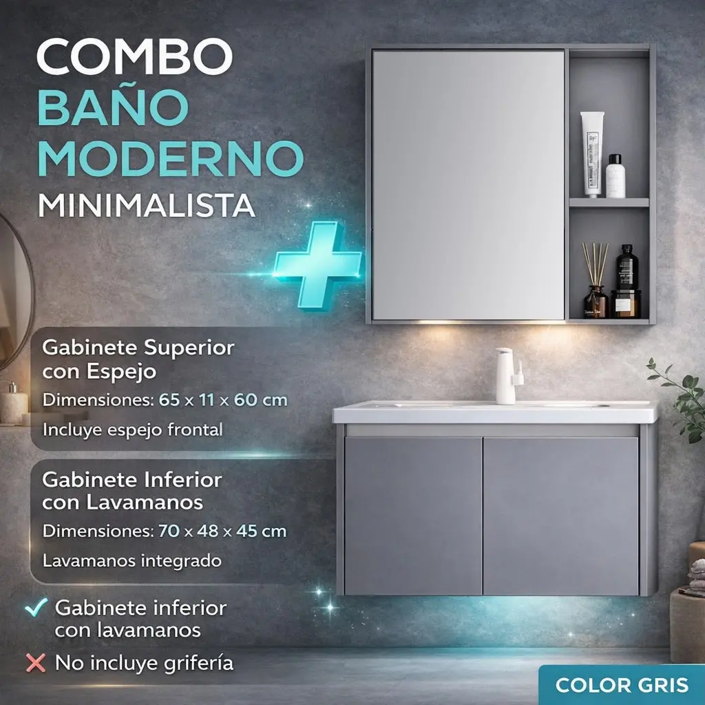 Combo Gabinete De Baño Moderno Con Espejo Y Lavamanos – Set Completo Gris 1
