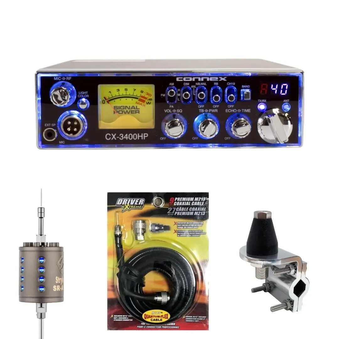 Connex Cx3400hp 10 Meter Radio, Stryker Sr-A10, Drx-3402 Heavy Duty Antenna Mirror Mount, Drx-1518 18 Foot Premium M213, Combo 1