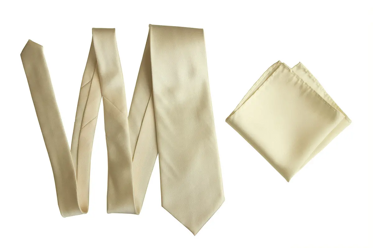 Cream Necktie. Light Tan Solid Color Satin Finish Tie, No Print 6