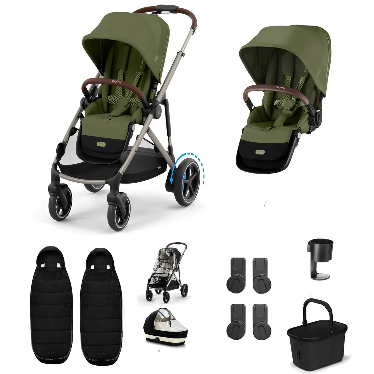 Cybex Egazelle S Twin Essential Pushchair Bundle - Moss Green 1
