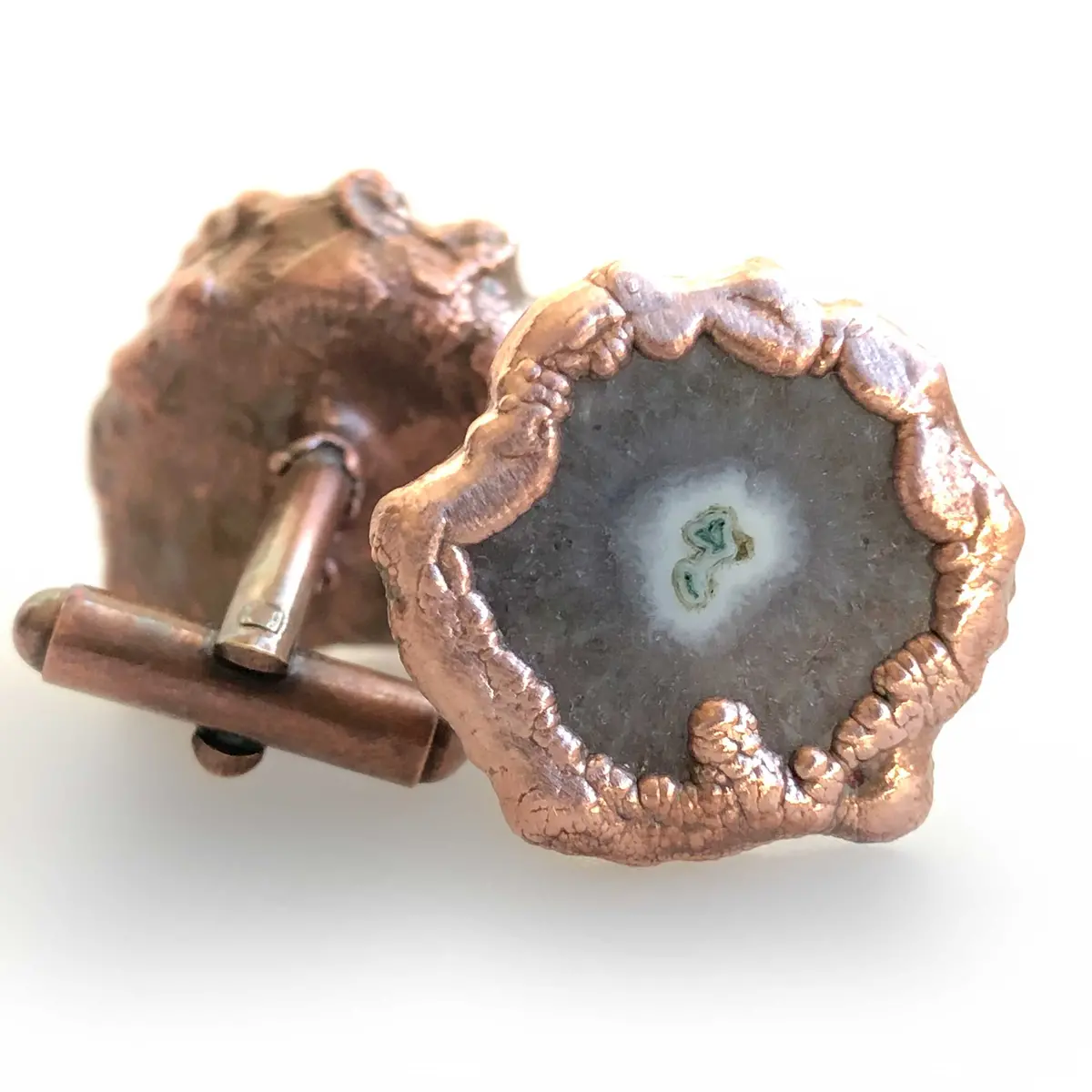 Clear White Solar Quartz Stalactite Slice Cufflinks, Electroformed Copper 1