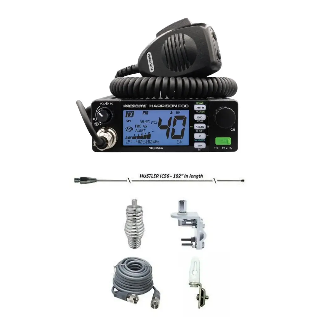Fcc President Harrison 40 Channel Am/Fm Cb Radio, Hustler Ic56 102" Cb Radio Stainless Steel Whip Antenna & Installation Kit - 18' Rg8x, Tie Down, Combo 1