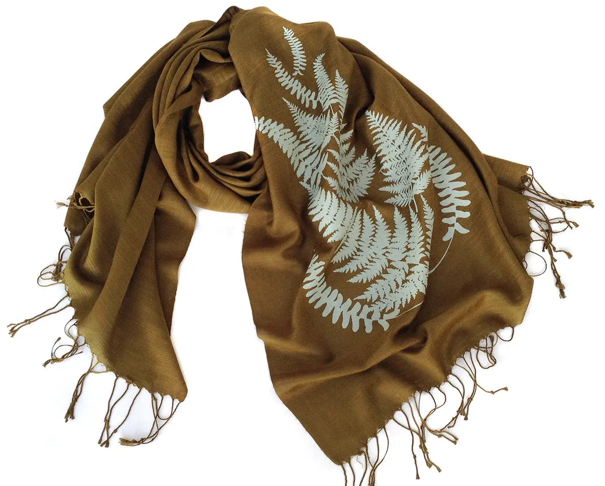 Fern Print Scarf, Linen Weave Pashmina 1