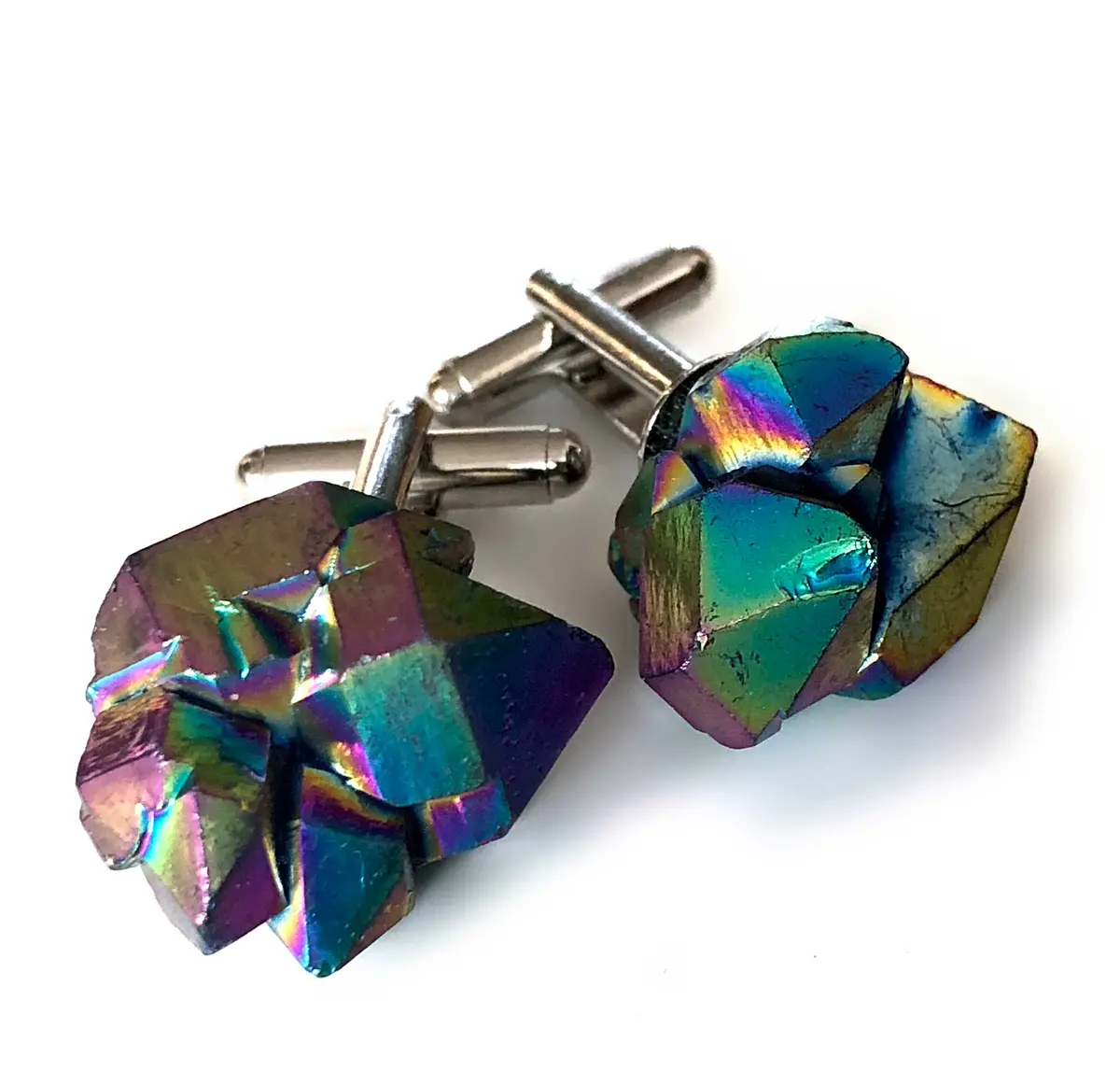 Flame Aura Quartz Cufflinks, Rainbow Titanium Coated Raw Stones 1