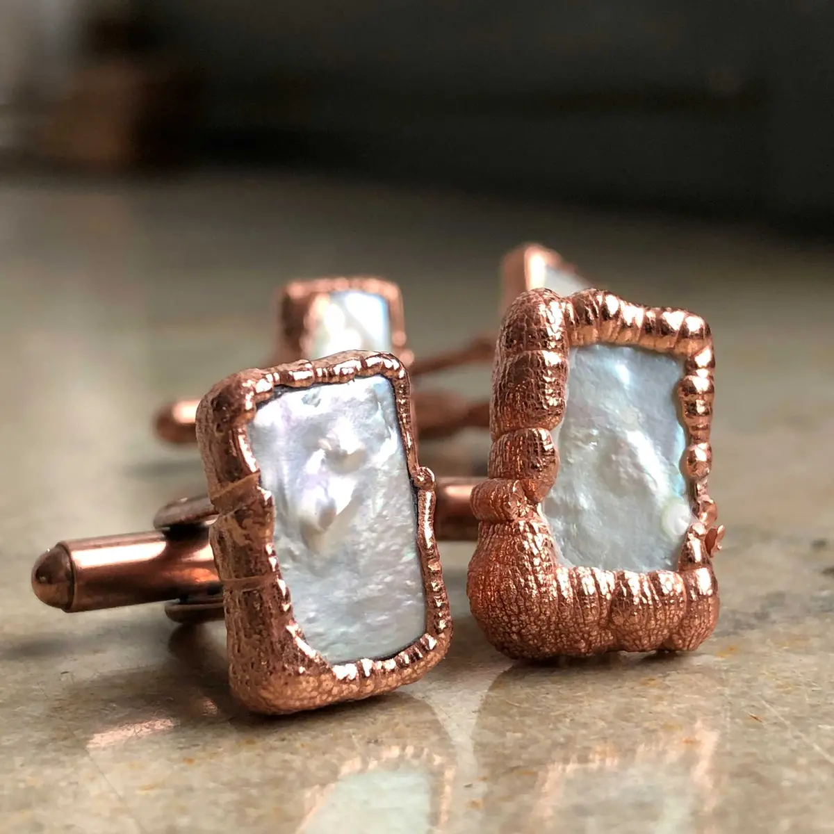 Pearl Cufflinks, Electroformed Rectangular Cultured Pearl Cuff Links 1