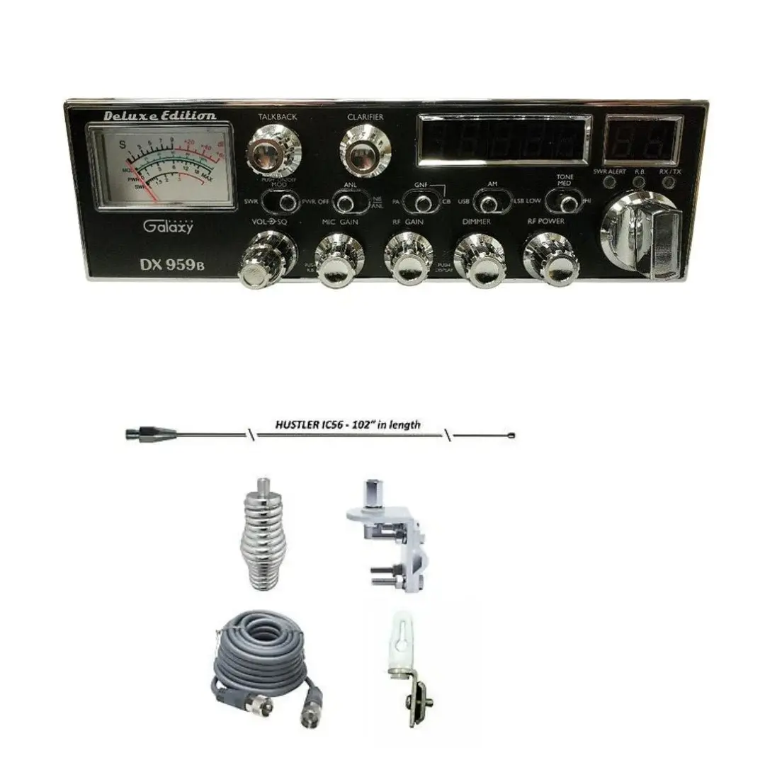 Galaxy Dx 959B Cb Radio, Hustler Ic56 102" Cb Radio Stainless Steel Whip Antenna & Installation Kit - 18' Rg8x, Tie Down, Combo 1