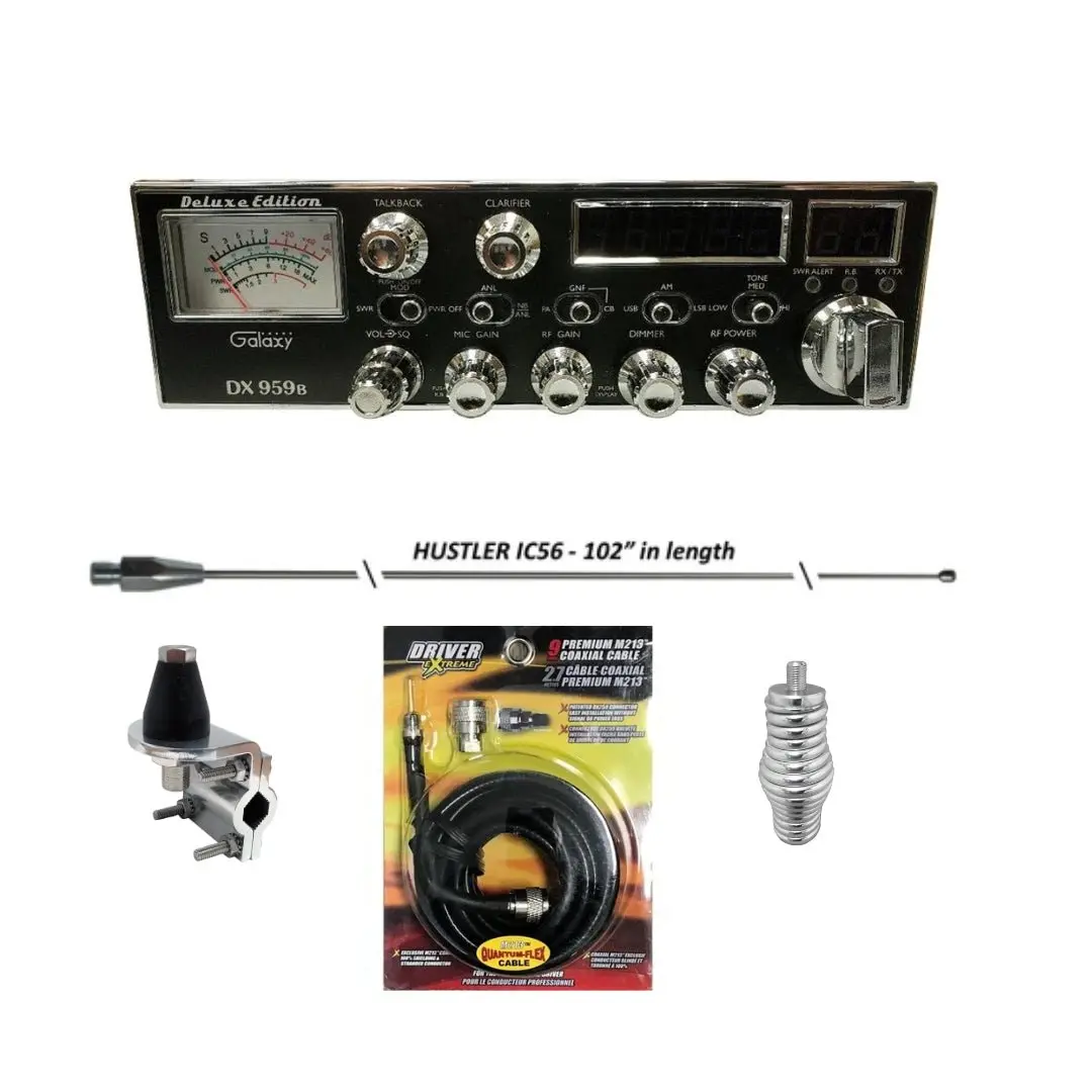 Galaxy Dx 959B Cb Radio, Hustler Ic56 102 Inch Whip, Antenna Mirror Mount, Barrel Spring, Coax Cable, Bundle 1