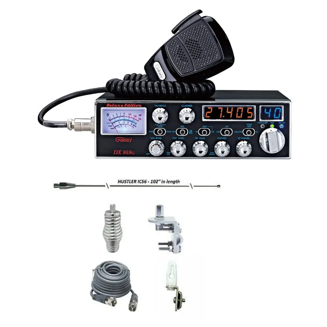 Galaxy Dx 959G Ssb Cb Radio, Hustler Ic56 102" Cb Radio Stainless Steel Whip Antenna & Installation Kit - 18' Rg8x, Tie Down, Combo 1