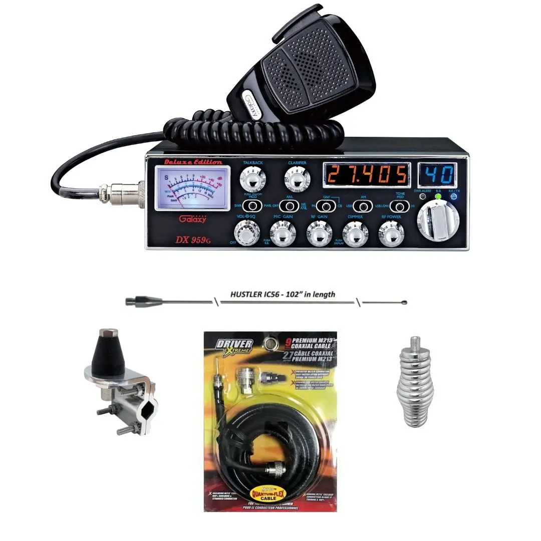 Galaxy Dx 959G Ssb Cb Radio, Hustler Ic56 102 Inch Whip, Antenna Mirror Mount, Barrel Spring, Coax Cable, Bundle 1