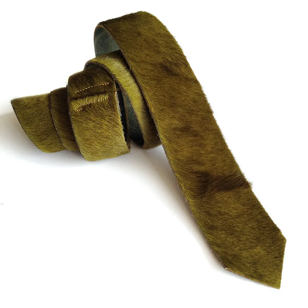 Dark Chartreuse Hair-On Hide Leather Necktie 1