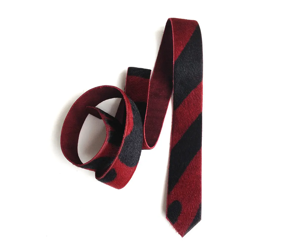 Red And Black Zebra Stripe Hair-On Hide Leather Necktie 1