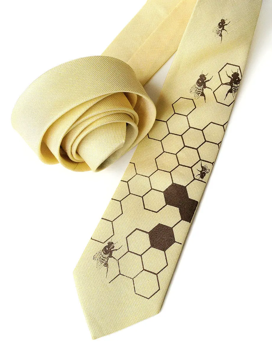 Honey Bee Linen Necktie. Honeycomb Print Tie 1