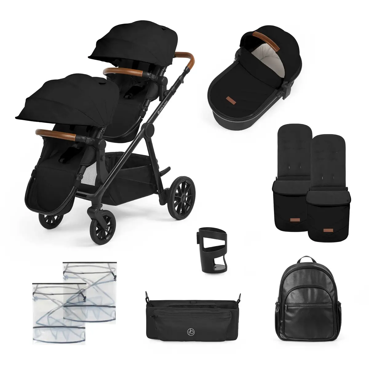 Ickle Bubba Virgo Growing Family 11 Piece Pram - Black/Black/Tan 1