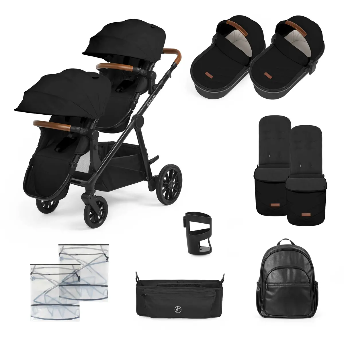 Ickle Bubba Virgo Twin 12 Piece Pram - Black/Black/Tan 1
