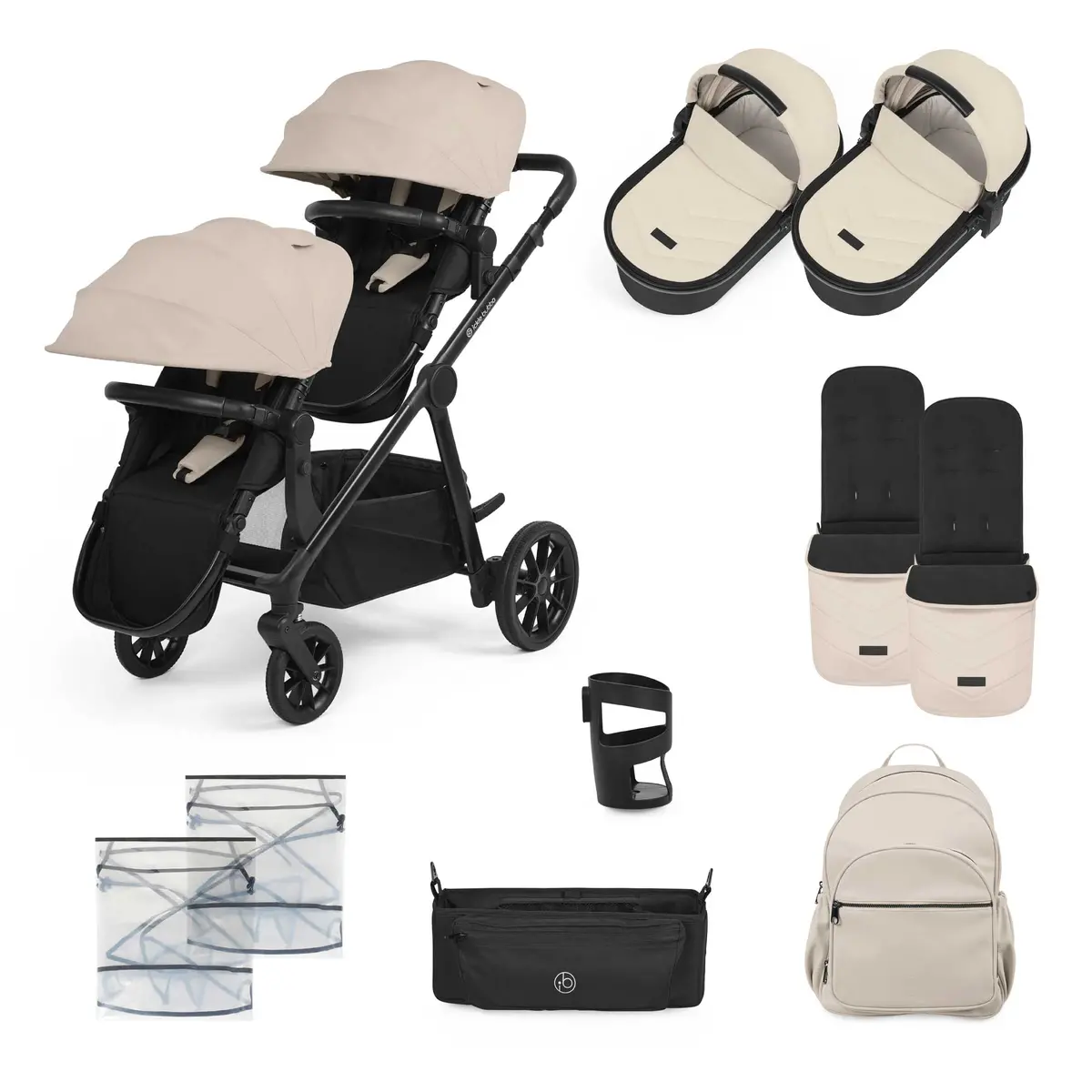 Ickle Bubba Virgo Twin 12 Piece Pram - Black/Stone/Black 1
