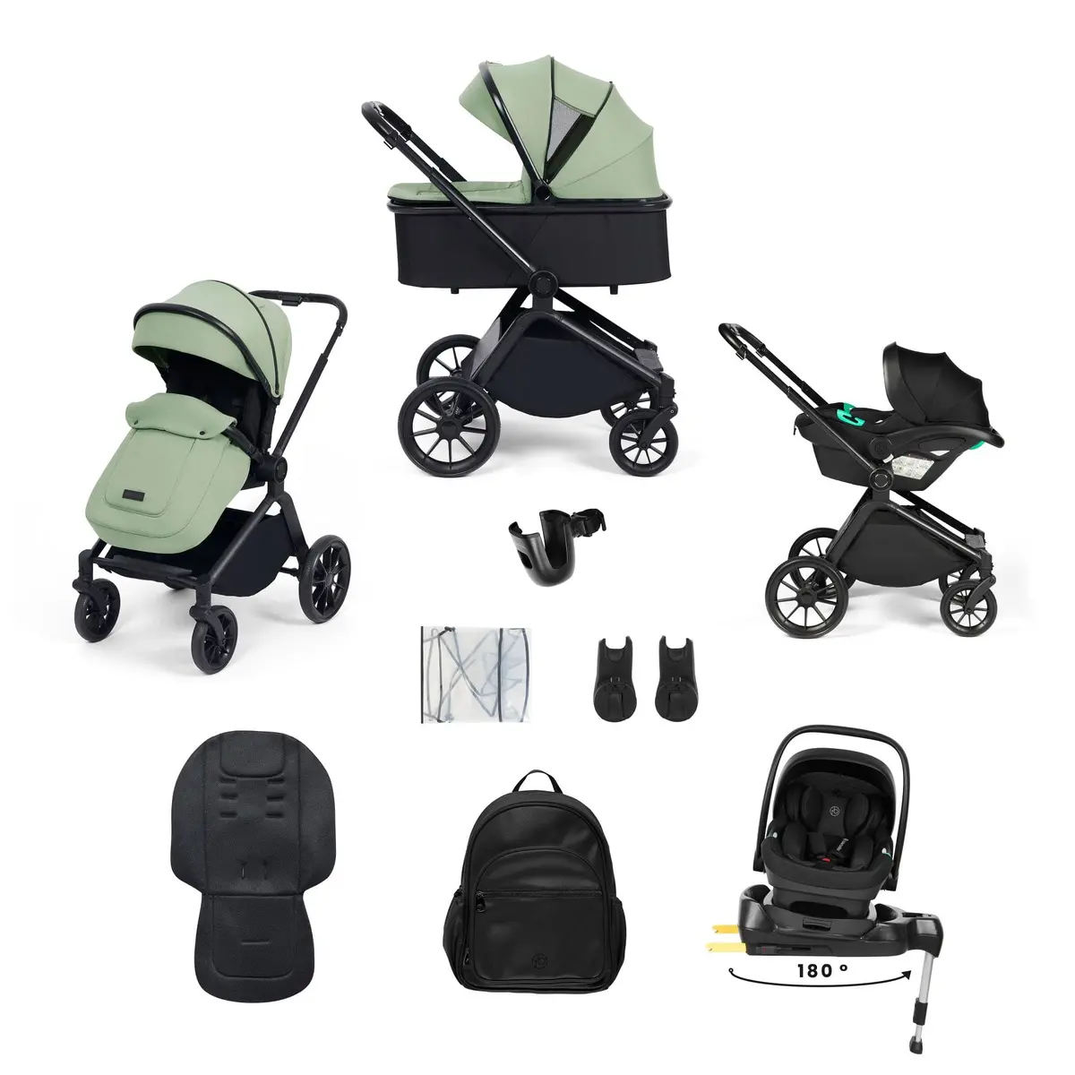 Ickle Bubba Altima 12 Piece Travel System With I-Size Nimbus Car Seat & Spin Isofix Base - Sage Green 1