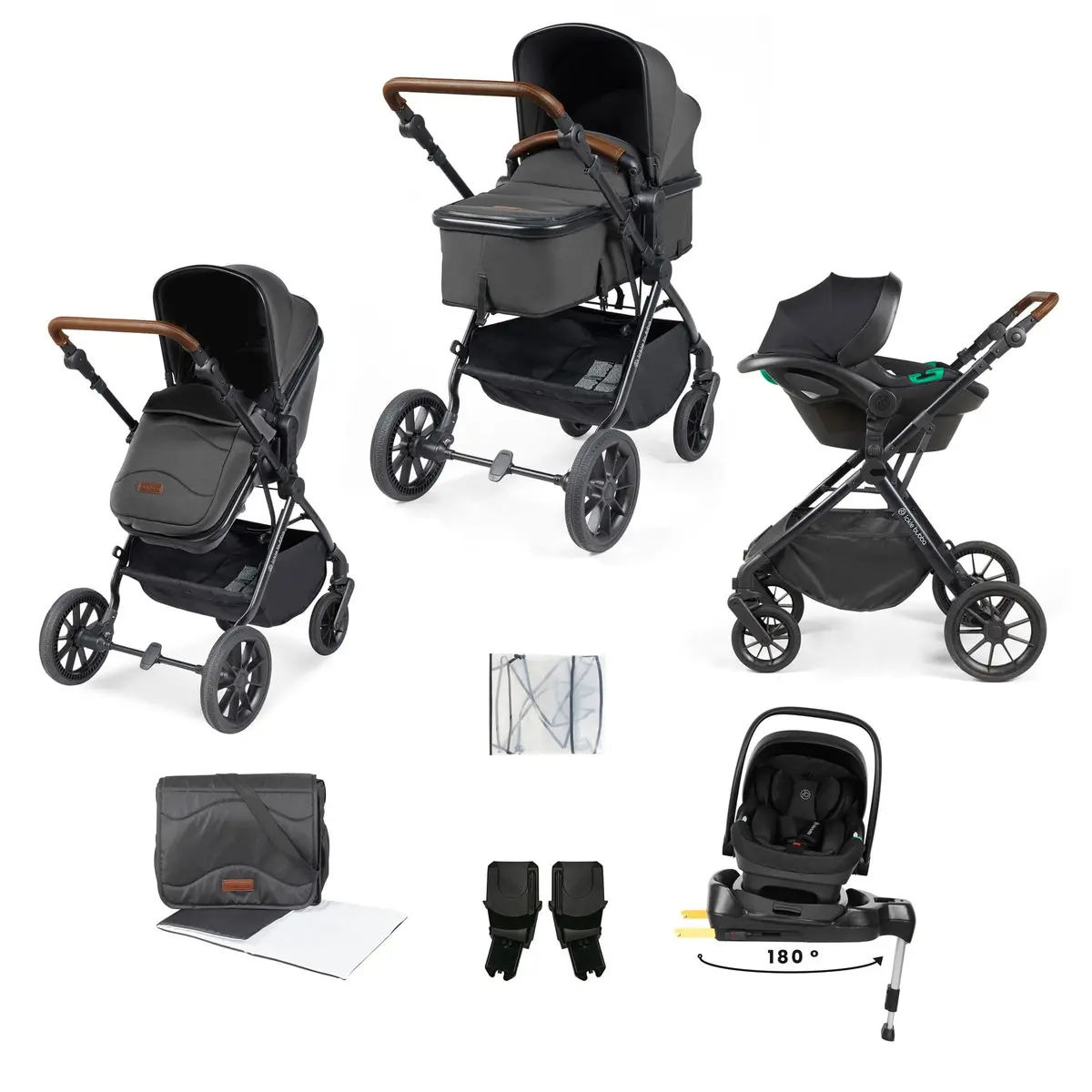 Ickle Bubba Cosmo 9-Piece Travel System With I-Size Nimbus Car Seat & Spin Isofix Base - Black / Graphite Grey / Tan 1