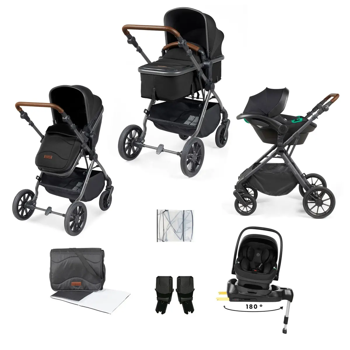 Ickle Bubba Cosmo 9-Piece Travel System With I-Size Nimbus Car Seat & Spin Isofix Base - Gunmetal / Black / Tan 1
