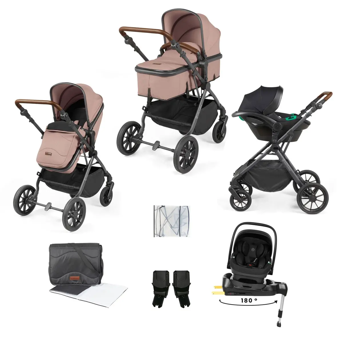 Ickle Bubba Cosmo 9-Piece Travel System With I-Size Nimbus Car Seat & Spin Isofix Base - Gunmetal / Desert / Tan 1