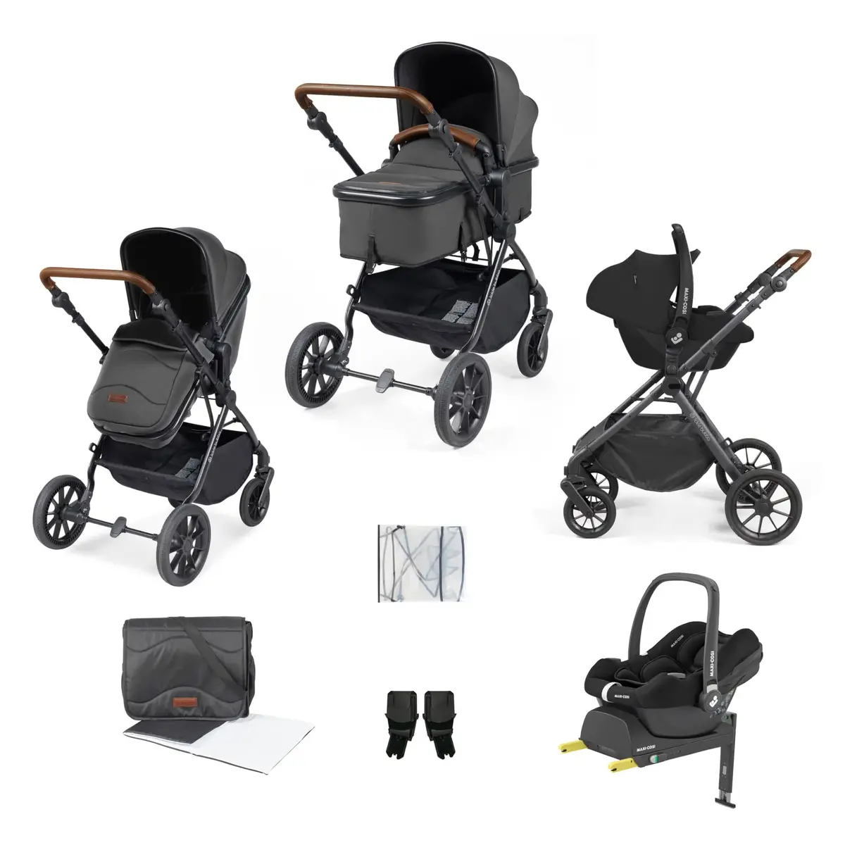 Ickle Bubba Cosmo 9-Piece Travel System With Maxi-Cosi Cabriofix Car Seat & Isofix Base - Black / Graphite Grey / Tan 1
