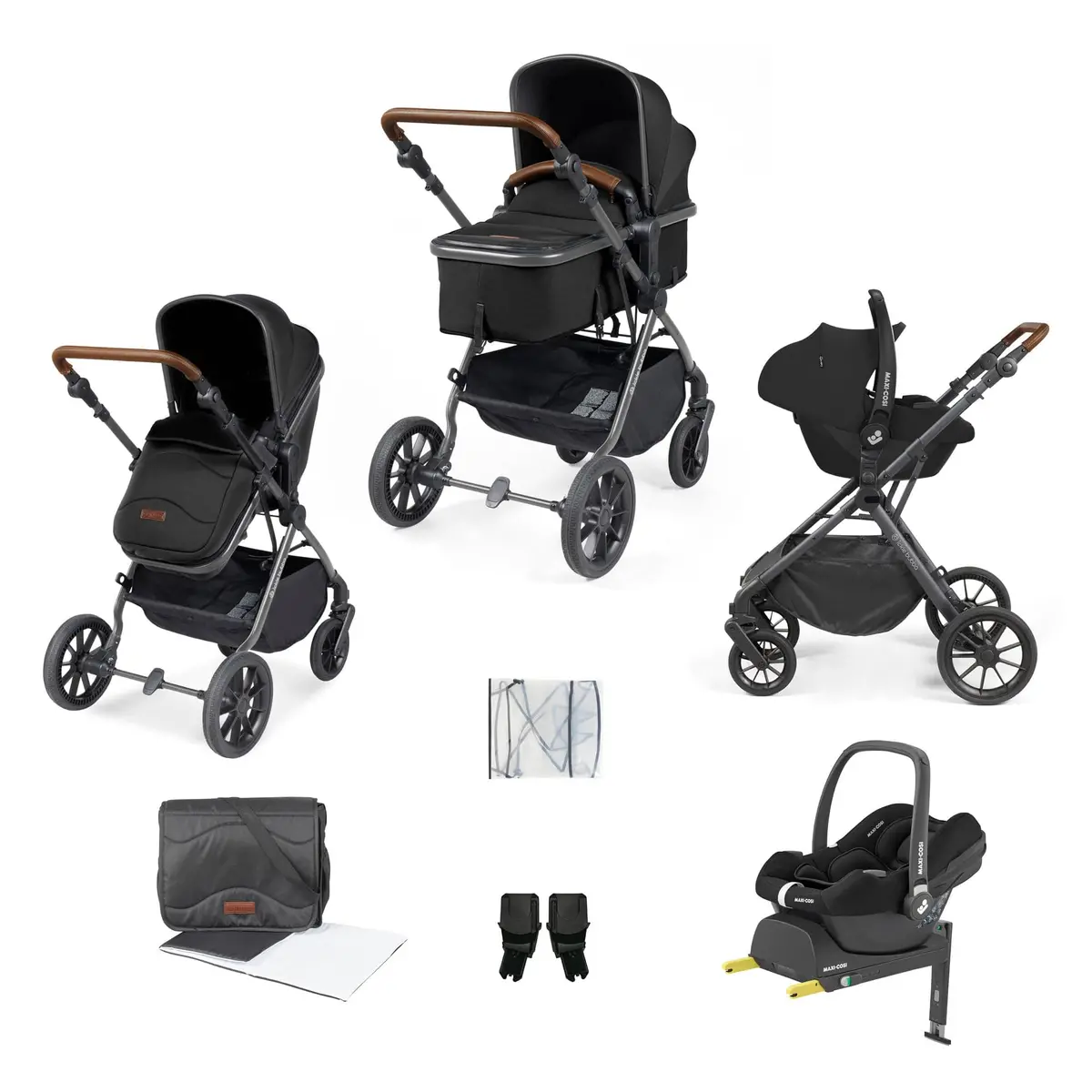 Ickle Bubba Cosmo 9-Piece Travel System With Maxi-Cosi Cabriofix Car Seat & Isofix Base - Gunmetal / Black / Tan 1