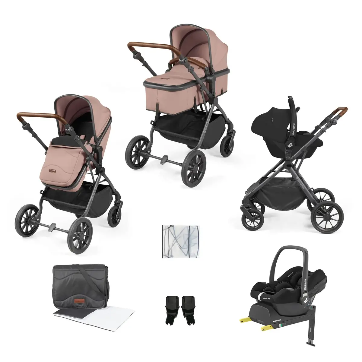 Ickle Bubba Cosmo 9-Piece Travel System With Maxi-Cosi Cabriofix Car Seat & Isofix Base - Gunmetal / Desert / Tan 1