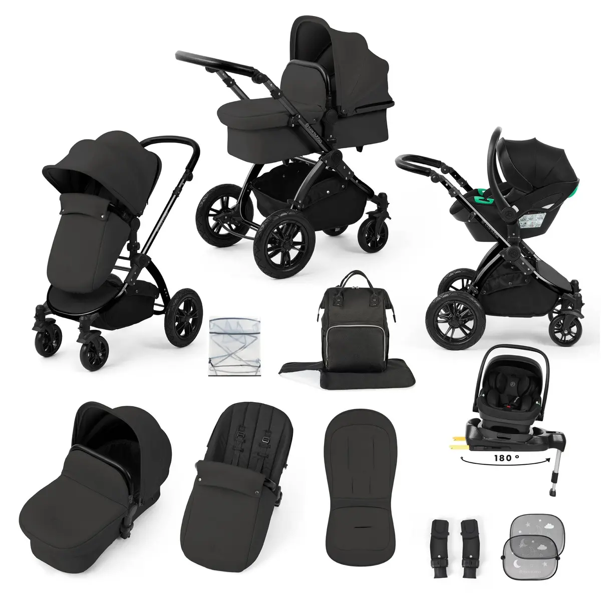 Ickle Bubba Stomp Luxe 12 Piece Travel System With I-Size Nimbus Car Seat & Spin Isofix Base - Charcoal Grey 1