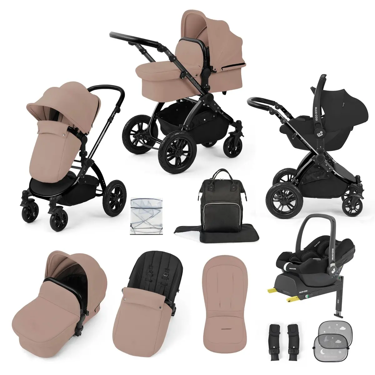 Ickle Bubba Stomp Luxe 12 Piece Travel System With Maxi-Cosi Cabriofix I-Size Car Seat & Isofix Base - Desert 1