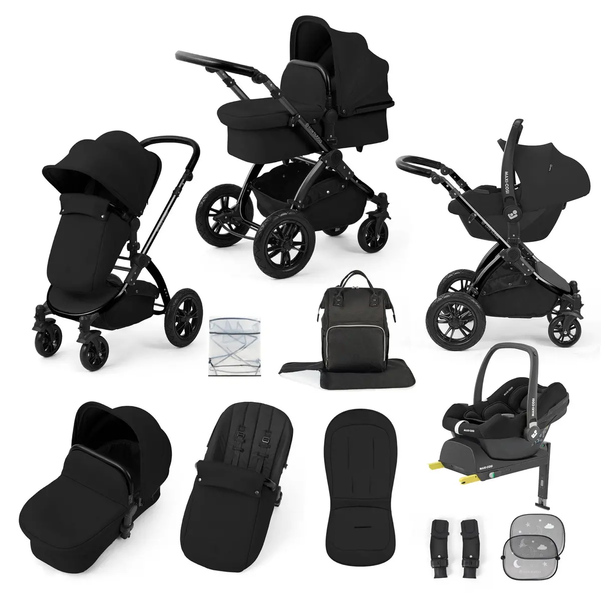 Ickle Bubba Stomp Luxe 12 Piece Travel System With Maxi-Cosi Cabriofix I-Size Car Seat & Isofix Base - Midnight 1
