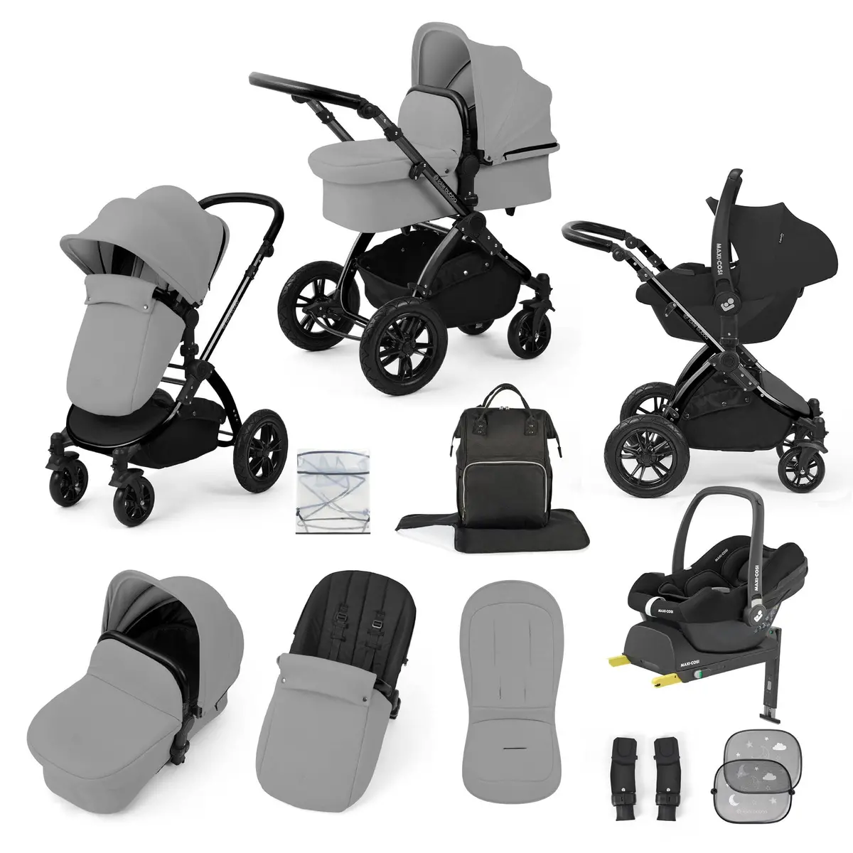 Ickle Bubba Stomp Luxe 12 Piece Travel System With Maxi-Cosi Cabriofix I-Size Car Seat & Isofix Base - Pearl Grey 1