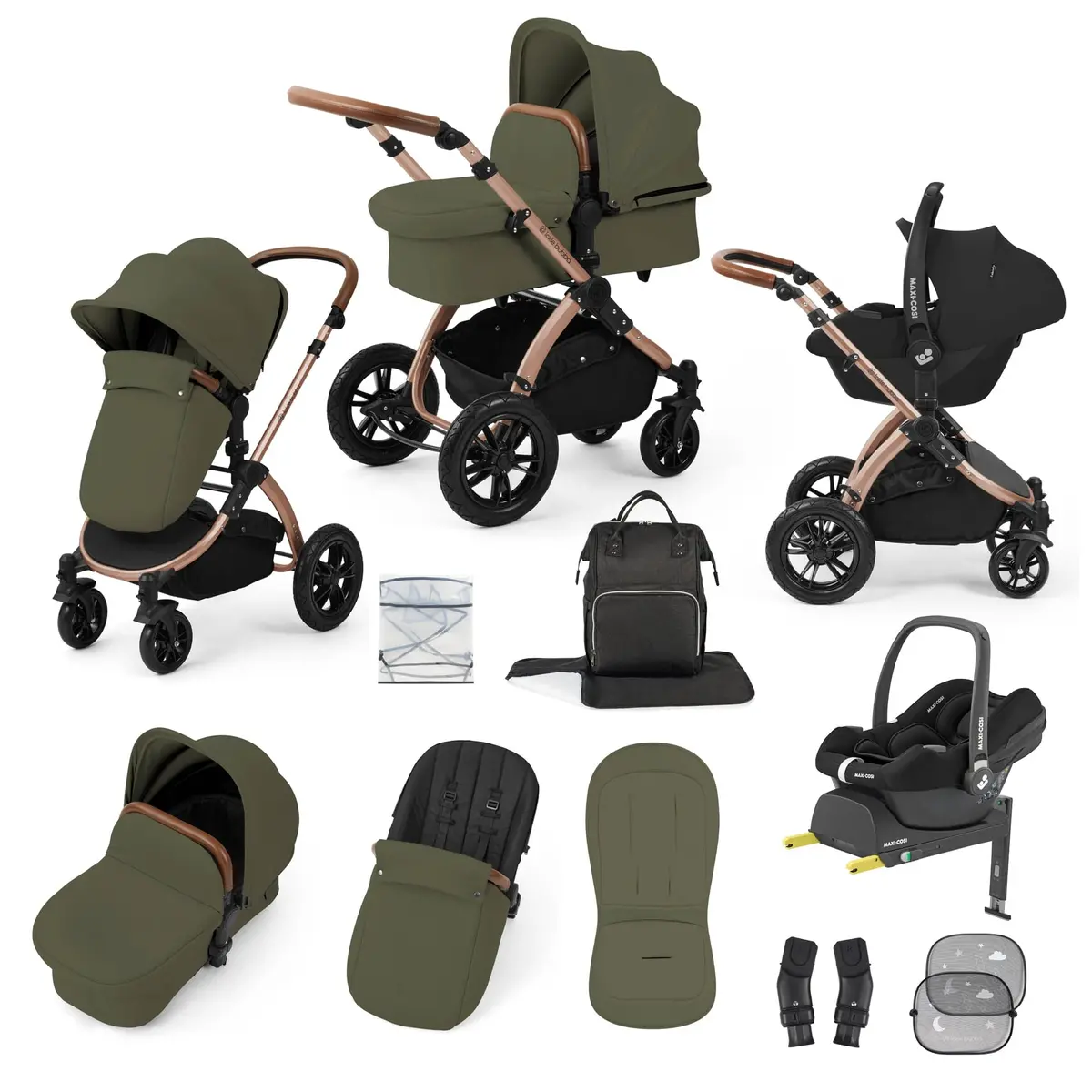 Ickle Bubba Stomp Luxe 12 Piece Travel System With Maxi-Cosi Cabriofix I-Size Car Seat & Isofix Base - Woodland 4