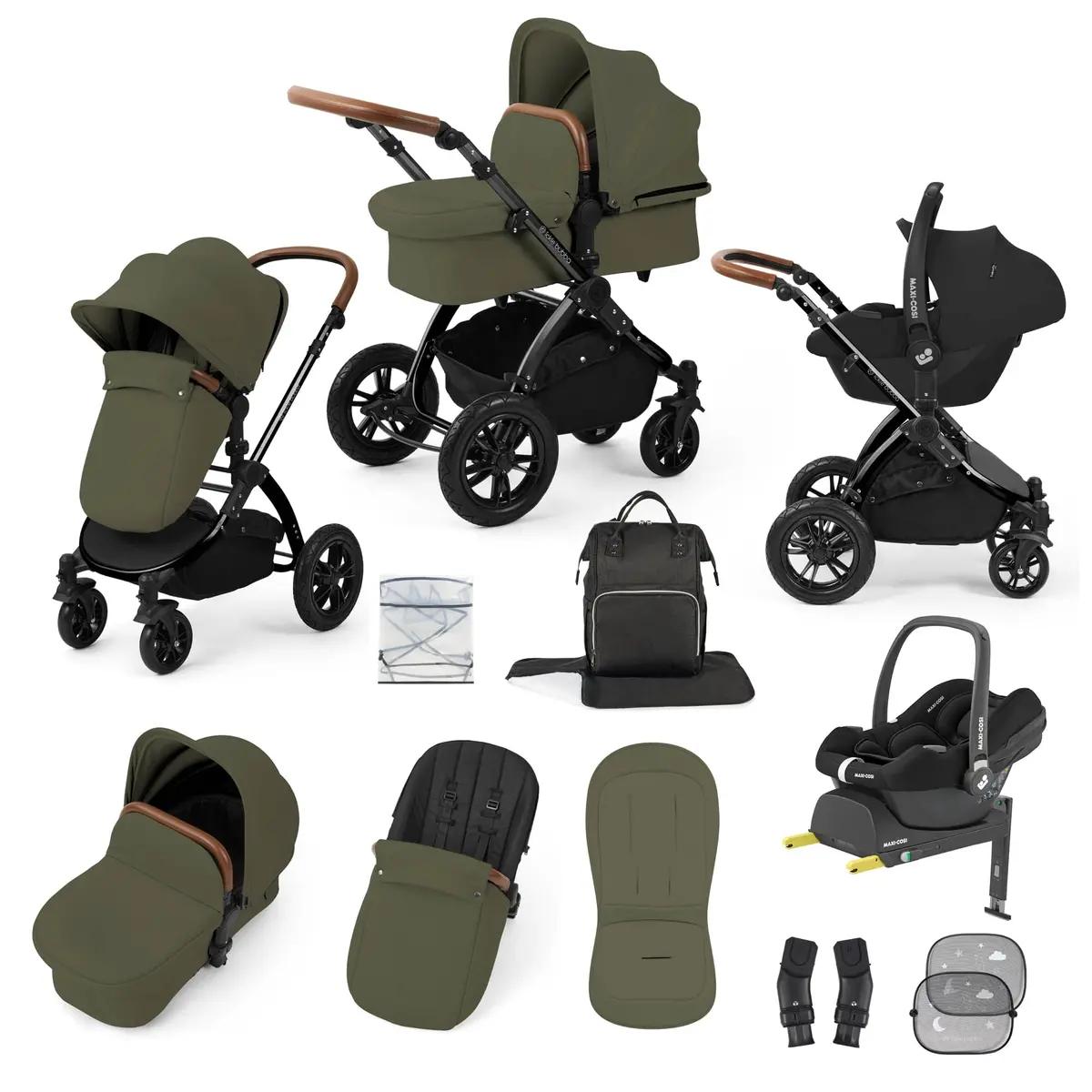 Ickle Bubba Stomp Luxe 12 Piece Travel System With Maxi-Cosi Cabriofix I-Size Car Seat & Isofix Base - Woodland 2