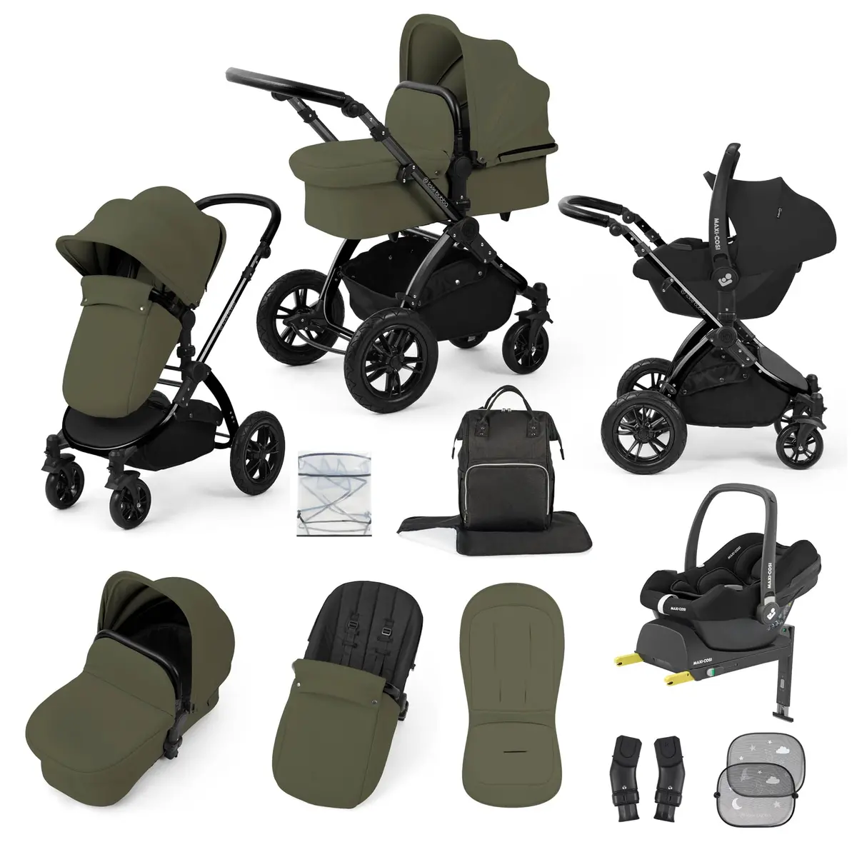 Ickle Bubba Stomp Luxe 12 Piece Travel System With Maxi-Cosi Cabriofix I-Size Car Seat & Isofix Base - Woodland 1