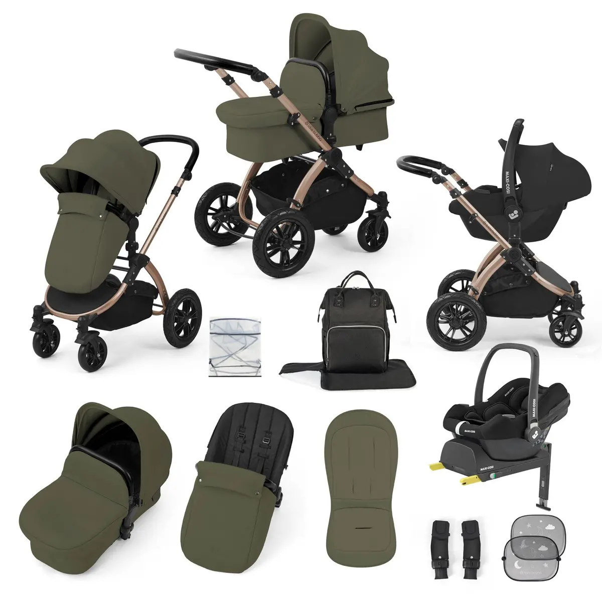 Ickle Bubba Stomp Luxe 12 Piece Travel System With Maxi-Cosi Cabriofix I-Size Car Seat & Isofix Base - Woodland 3