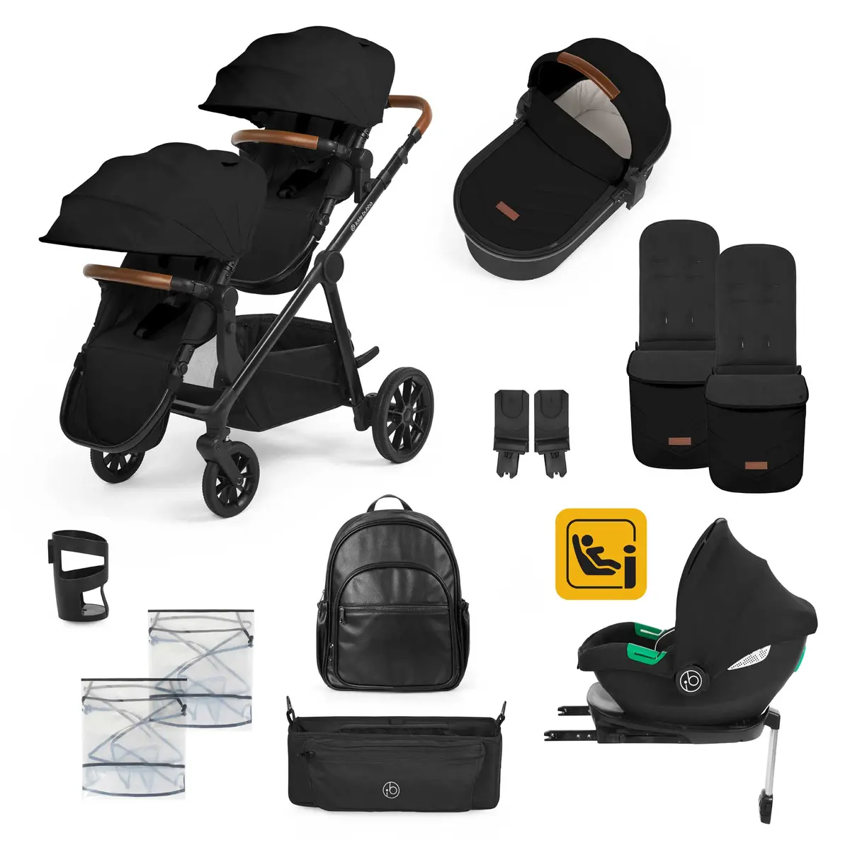 Ickle Bubba Virgo Growing Family 14 Piece Travel System With I-Size Cirrus Car Seat & Isofix Base - Black/Black/Tan 1