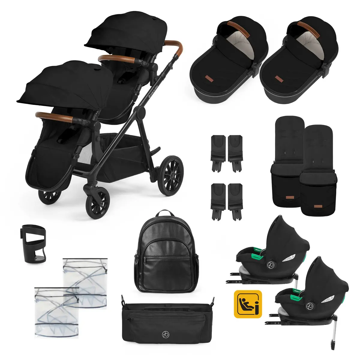 Ickle Bubba Virgo Twin 18 Piece Travel System With I-Size Cirrus Car Seats & Isofix Bases - Black/Black/Tan 1