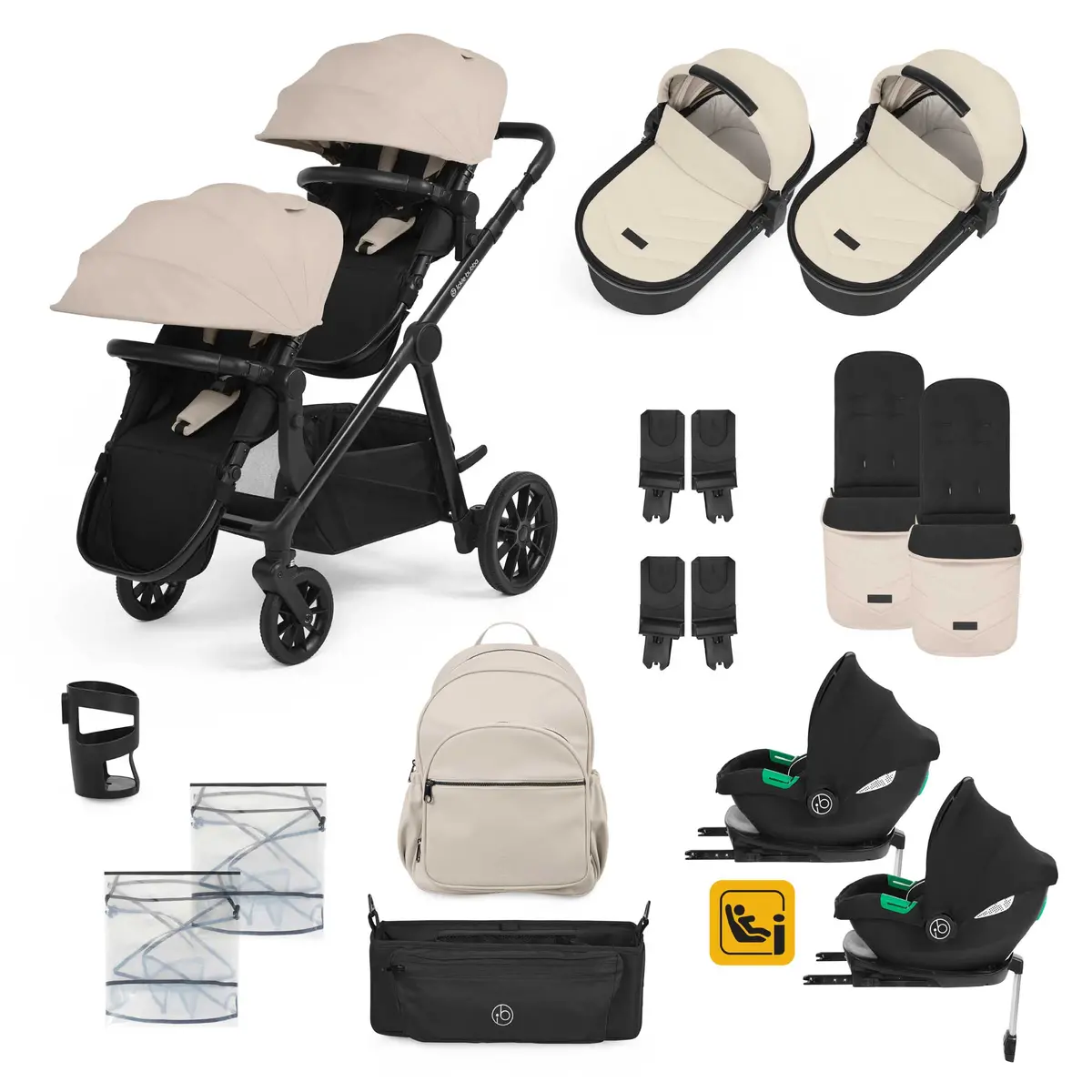 Ickle Bubba Virgo Twin 18 Piece Travel System With I-Size Cirrus Car Seats & Isofix Bases - Black/Stone/Black 1