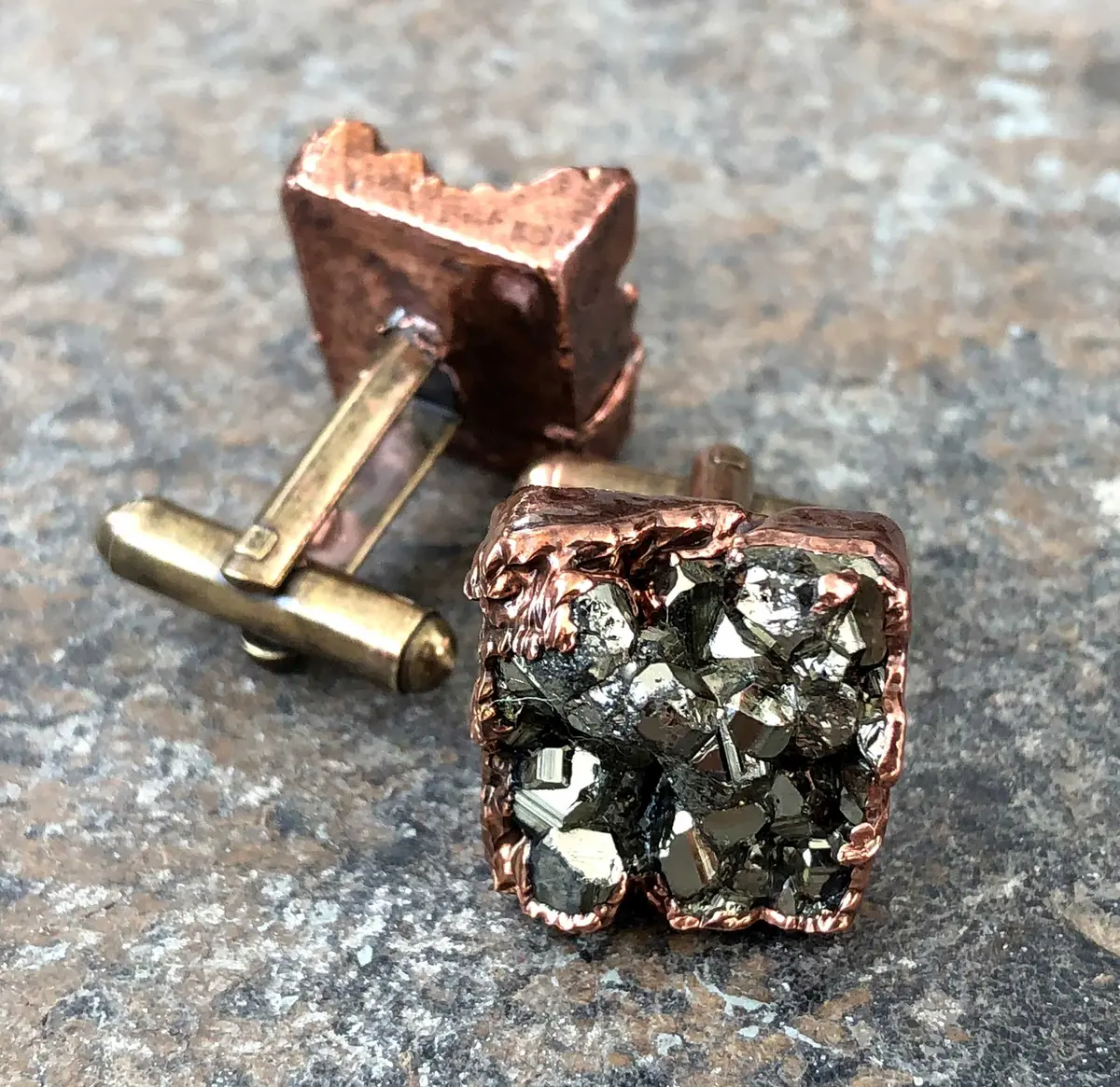 Pyrite Cufflinks. Electroformed Copper & Fool's Gold Cluster, Raw Stone Cuff Links 1
