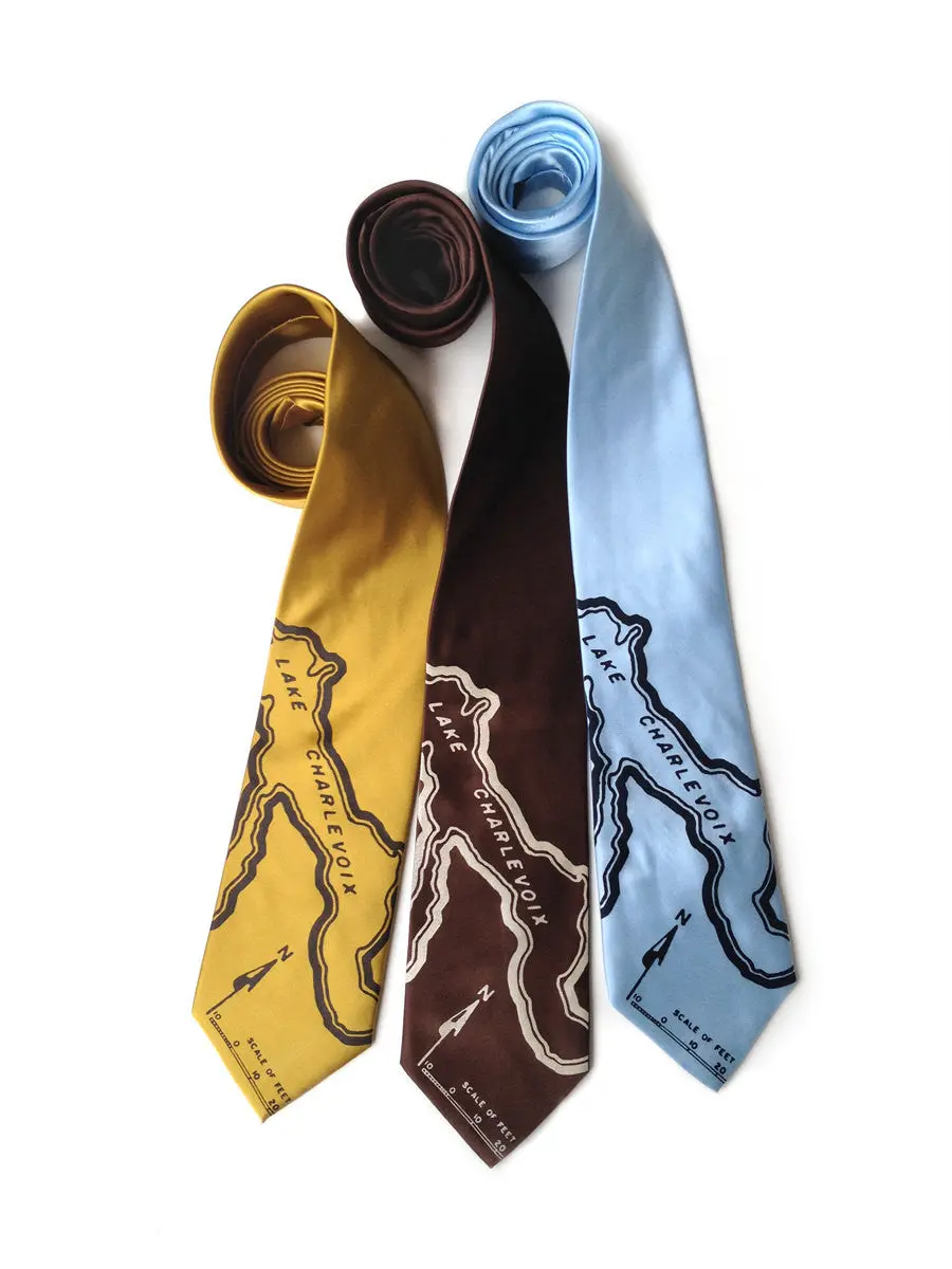 Lake Charlevoix, Michigan Map Silk Necktie 1