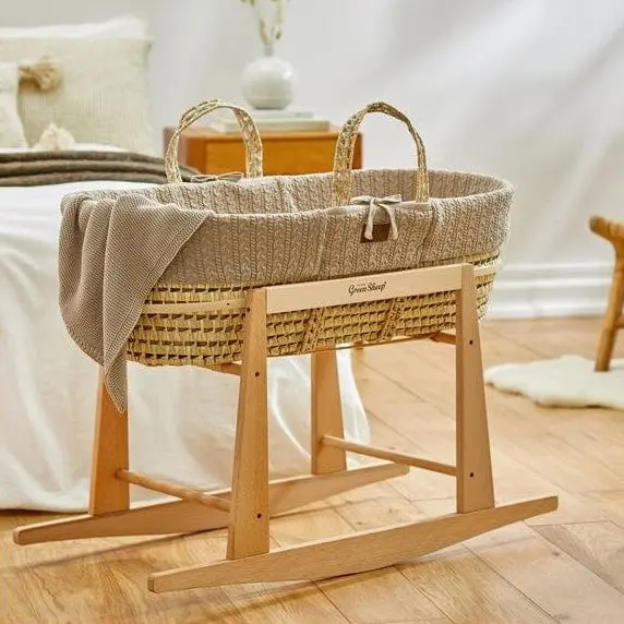 The Little Green Sheep Knitted Moses Basket And Rocking Stand Bundle - Truffle 1