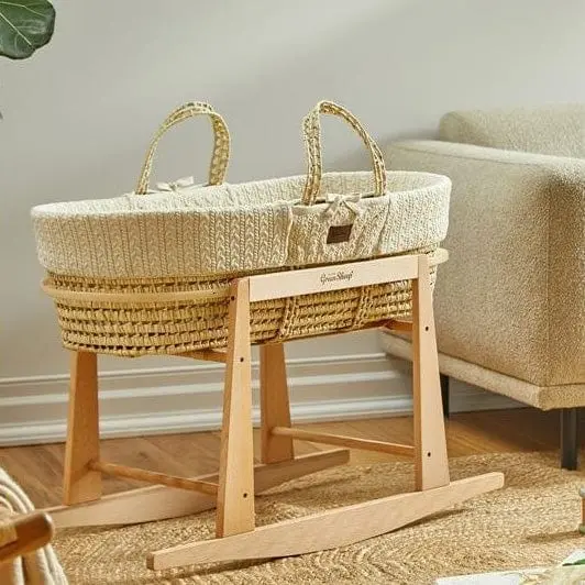 The Little Green Sheep Knitted Moses Basket And Rocking Stand Bundle - Linen 1