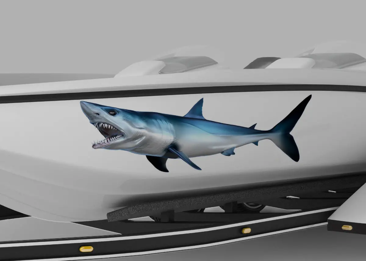 Mako Shark Boat Decal – Full-Side Vinyl Graphic With Open Jaws 2