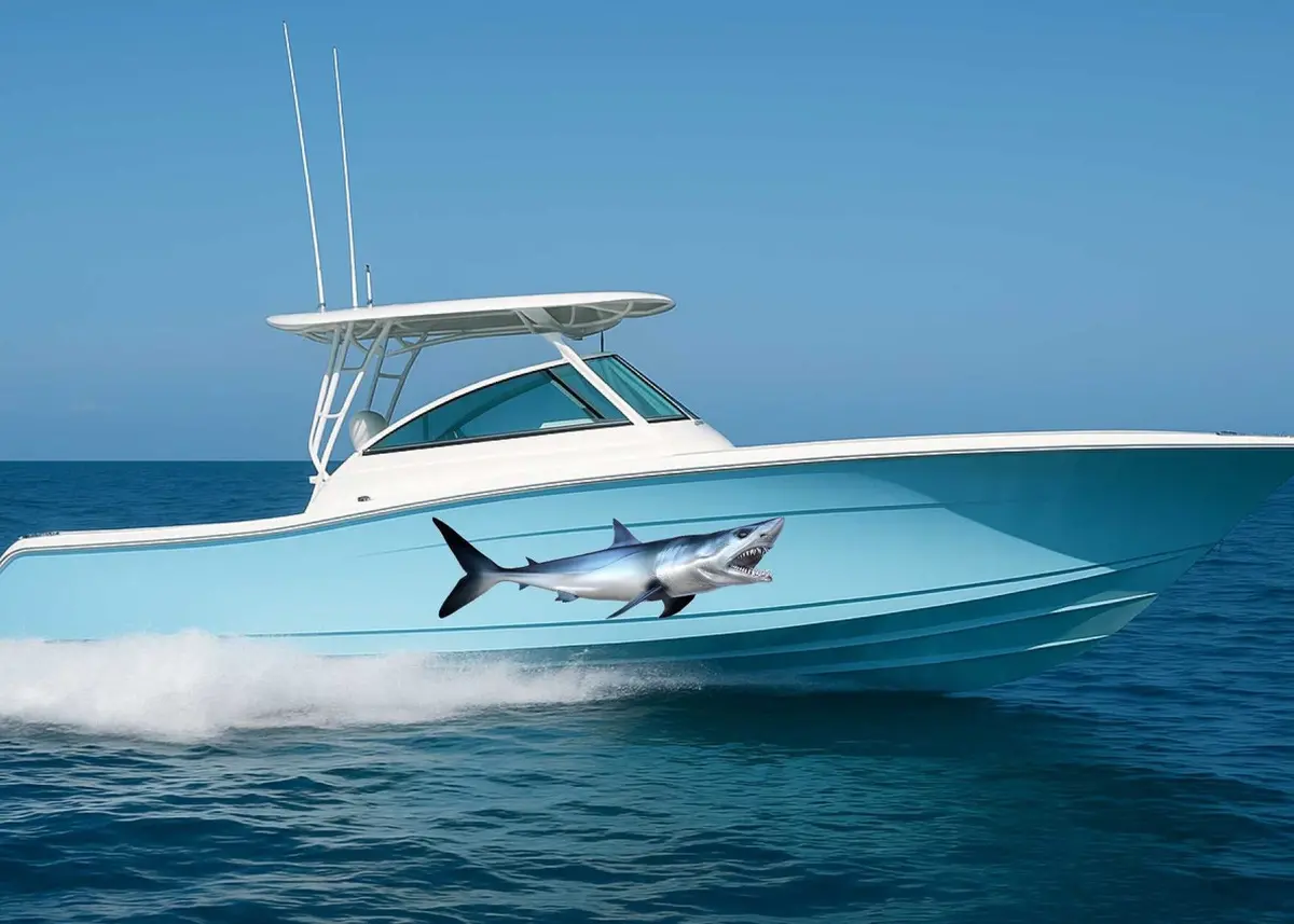 Mako Shark Boat Decal – Full-Side Vinyl Graphic With Open Jaws 1