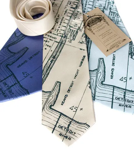 Detroit Map Silk Necktie, Detroit River & Marina 1