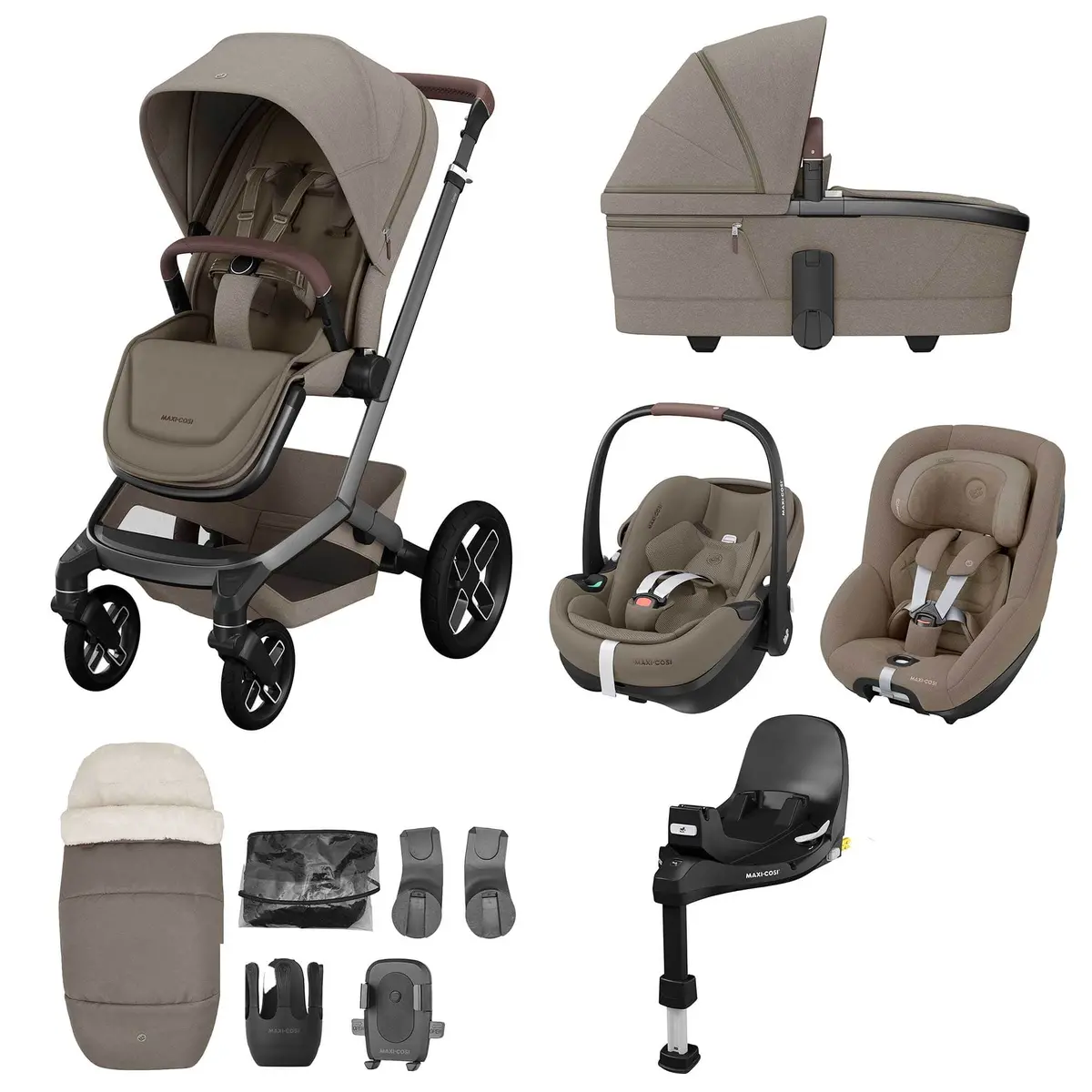 Maxi-Cosi Fame 10 Piece Premium Family 360 Pro Bundle In Twillic Truffle (Black Wheels) 1