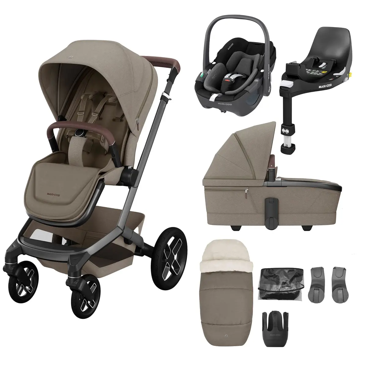 Maxi-Cosi Fame 8 Piece Complete Travel System In Twillic Truffle (Black Wheels) 1