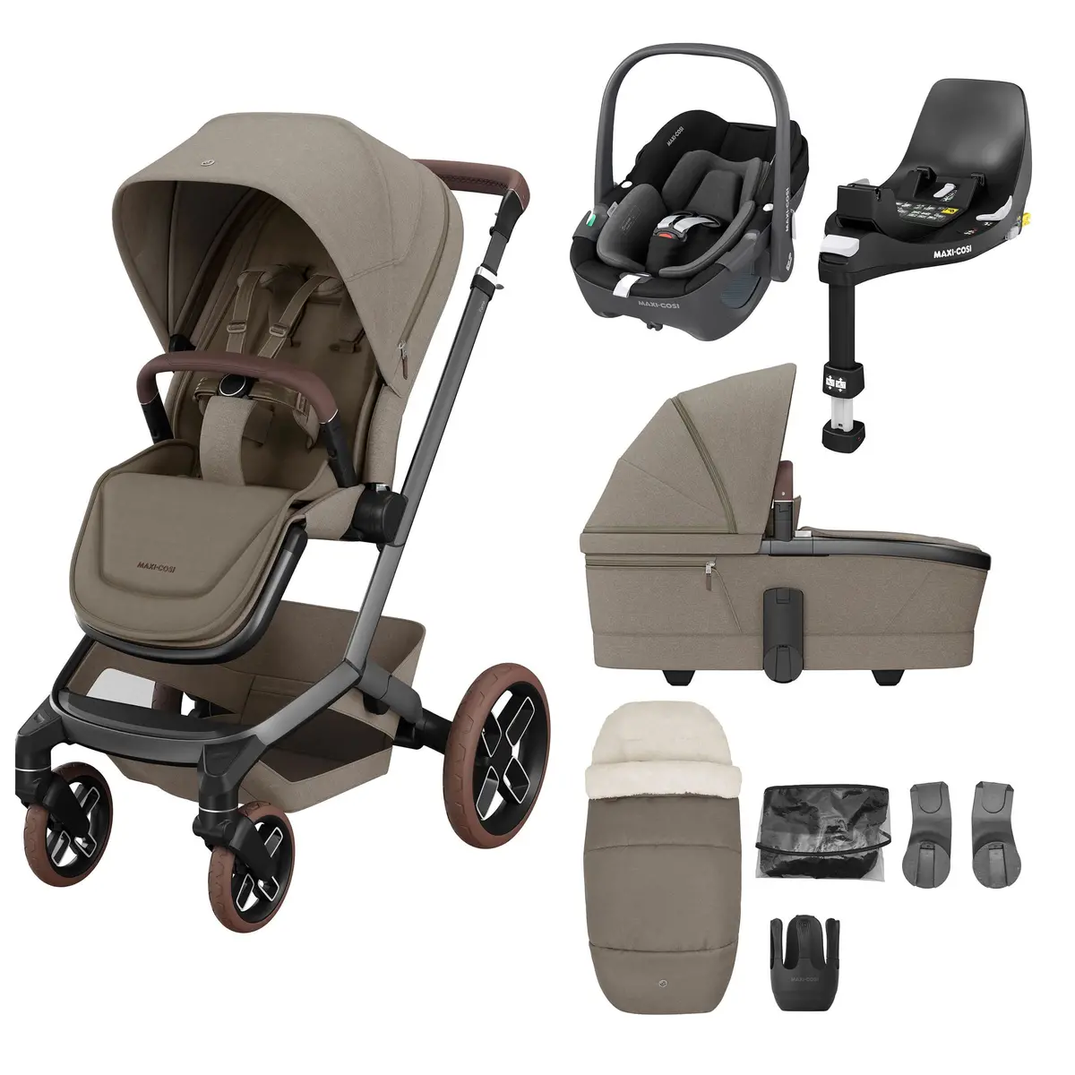 Maxi-Cosi Fame 8 Piece Complete Travel System In Twillic Truffle (Brown Wheels) 1