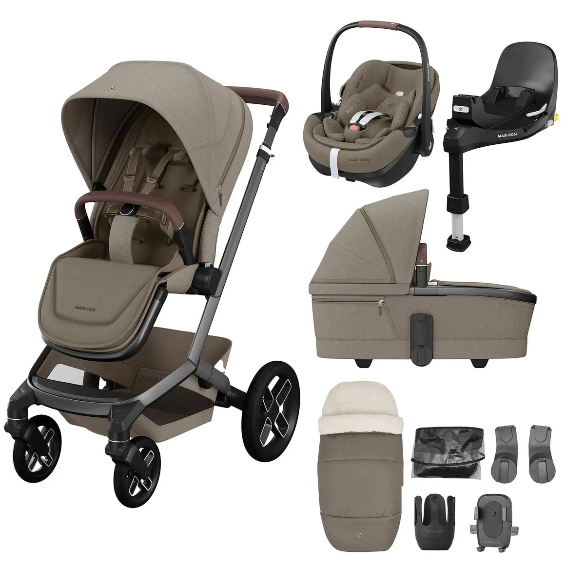 Maxi-Cosi Fame 9 Piece Premium Travel System In Twillic Truffle (Black Wheels) 1