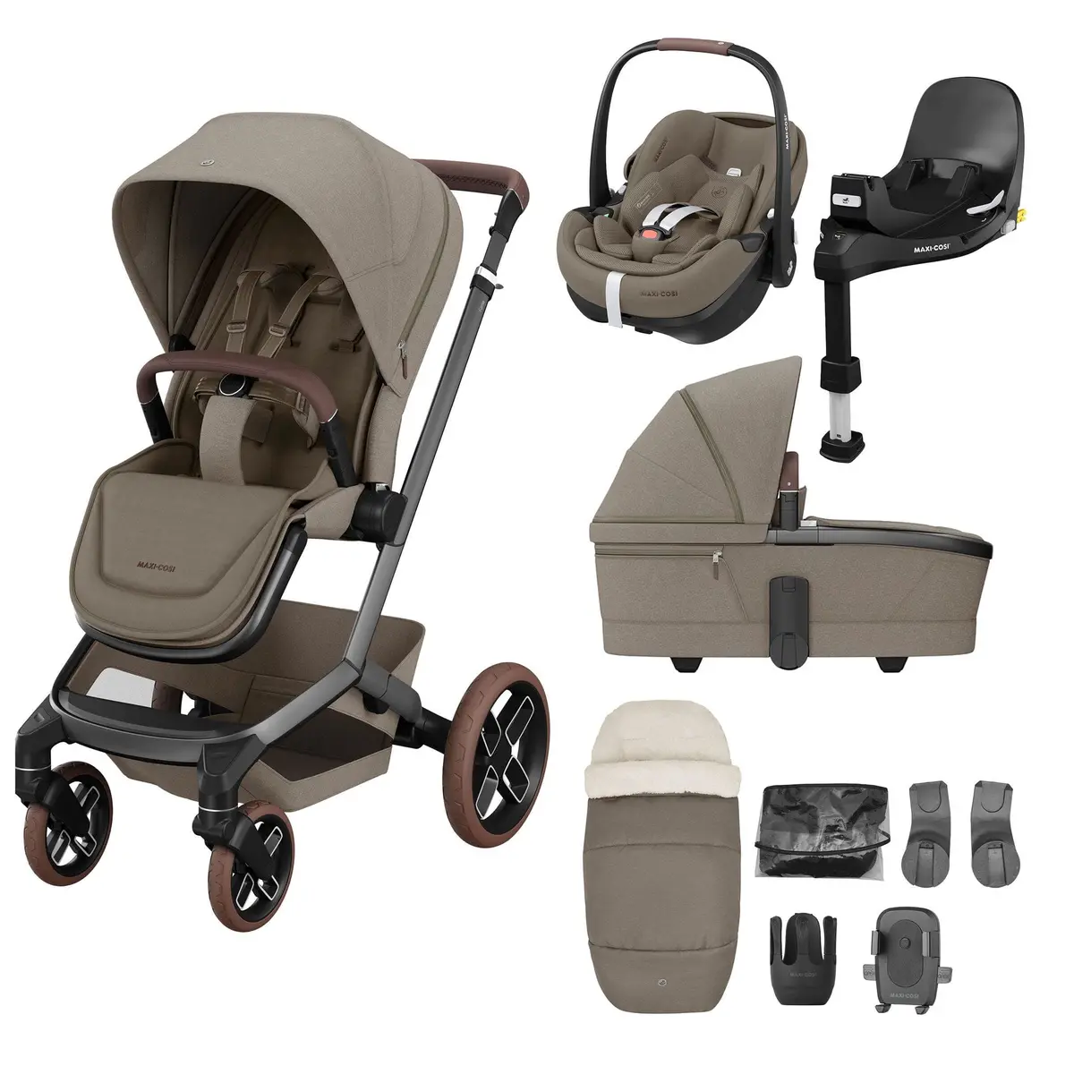 Maxi-Cosi Fame 9 Piece Premium Travel System In Twillic Truffle (Brown Wheels) 1